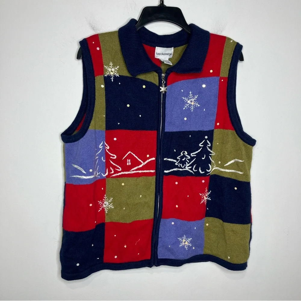 Breckenridge winter scene sweater vest multicolored squares‎ zipper womens large